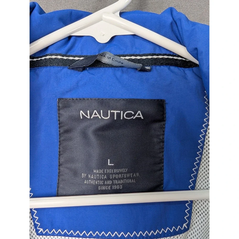 Nautica Mens Colorblock Windbreaker Jacket White Navy Blue Large Hidden Hood